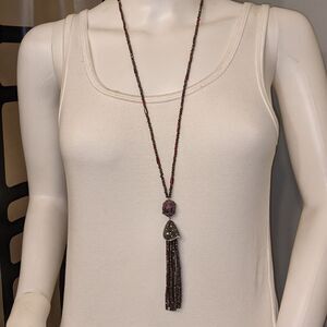 Vintage unique reds & black crystal bead tassel necklace